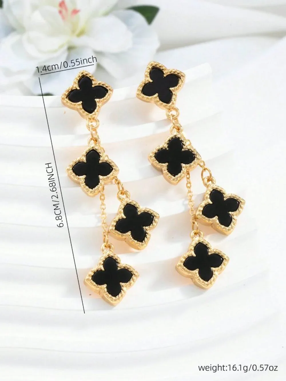 Black Elegant Women's Romantic Four-Leaf Clover Long Pendant Earrings